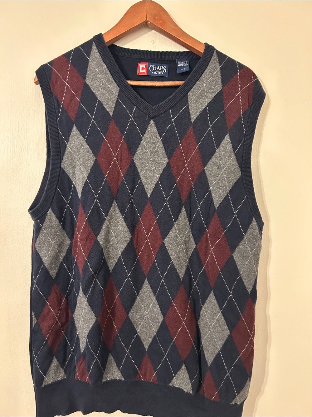 Chaps Navy, Gray & Burgundy Argyle V-Neck Sweater Vest